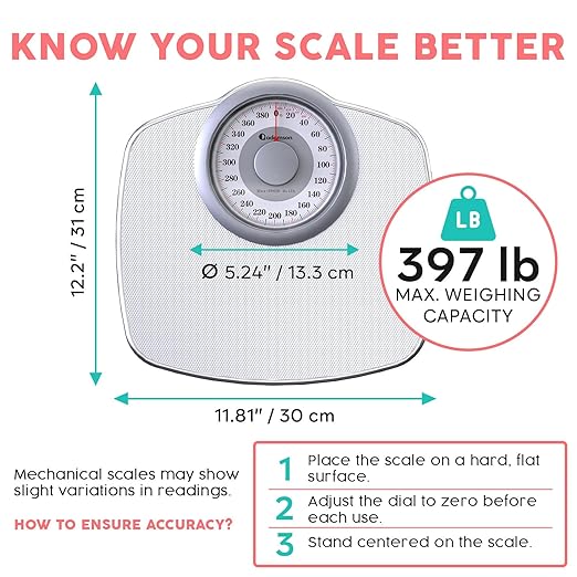 Adamson A25 Scales for Body Weight - Up to 400 LB - 5.3" Dial on 12.4" x 10.2" Platform - Anti-Skid Rubber Surface - High Precision Bathroom Scale Analog - Durable with 20-Year Assurance - Full White
