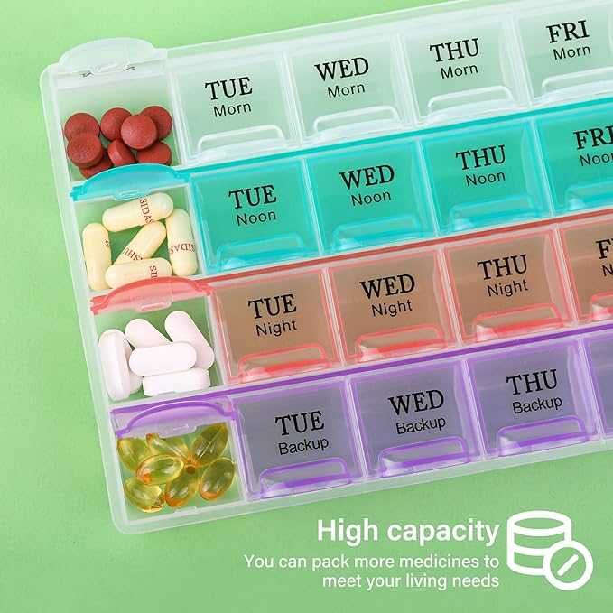 Large Weekly Pill Organizer 4 Times A Day, Moisture-Proof 7 Day Pill Box,Daily Pill Organizer,Travel Pill Cases Portable for Pills Vitamin Fish Oil Supplements