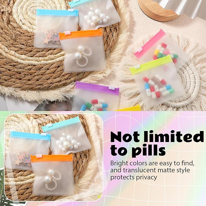 70 Pcs Pill Pouch Bags Zippered Reusable Medicine Pouches Travel Plastic Pill Bags Self Sealing Medicine Organizer with Slide Lock for Medication, Vitamins, Jewelry, Daily Small Items(Bright Style)