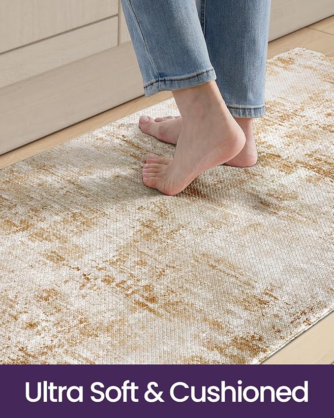 DEXI Kitchen Mats Cushioned Anti Fatigue, 23x59 Floor Padded Runner Rug Non Slip, Waterproof Standing Comfort Memory Foam for Front Sink Laundry, Light Brown