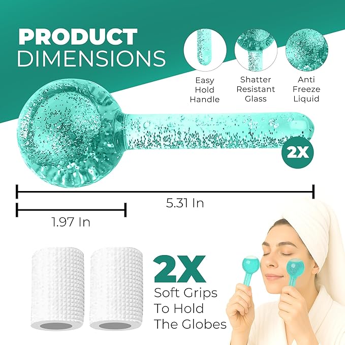 Ice Globes for Face 2Pcs – Freezer Safe Ice Globes for Facials, Skin Tightening & Anti-Aging – Reusable Facial IceGlobes for Puffiness & Wrinkles of Face, Neck & Eyes – Teal