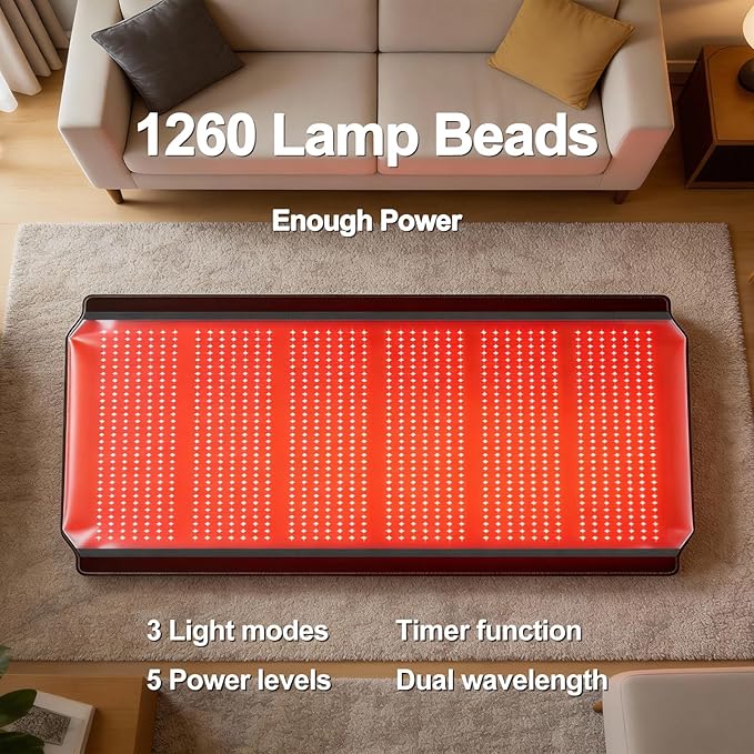 Full Body Red Light Therapy Mat, 74.8"*35.4" Whole Red Light Therapy Blanket with 3 Light Modes & 5 Working Modes, 1260 LEDs redlight with 660nm & 850nm for Men, Women, Pets