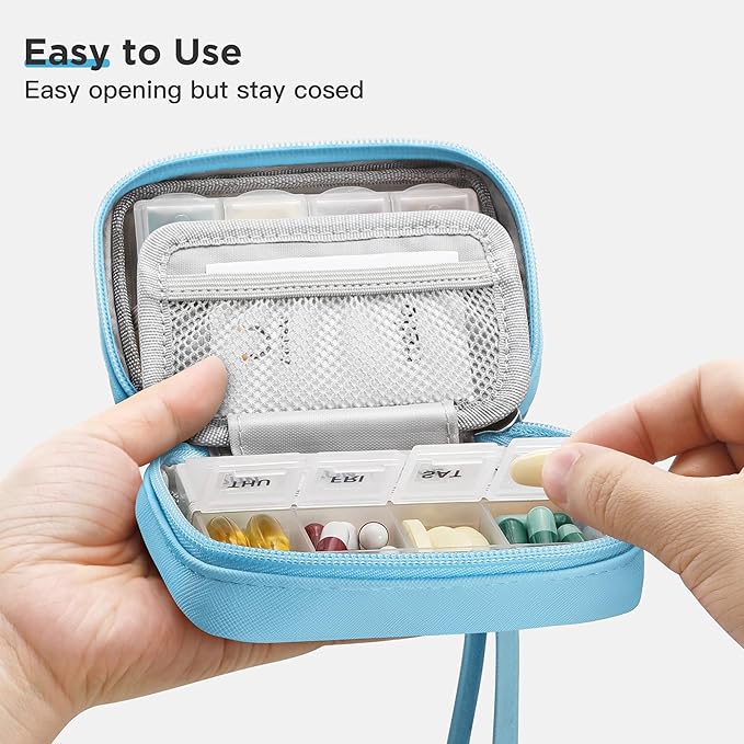 Zannaki Cute Pill Organizer for Purse with Two Removable 7-Day Pill Box, Travel PU Leather Pill Case, Portable Weekly Pill Container with Storage Bag to Hold Vitamins, Fish Oils, Supplements (Blue)
