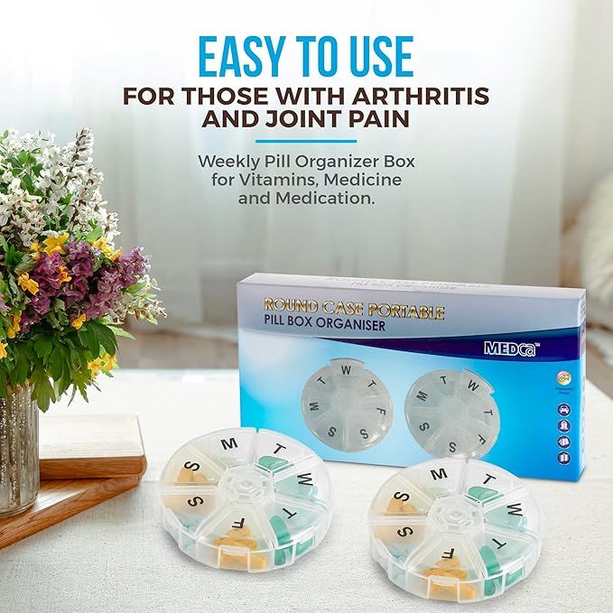 Large Weekly Pill Organizer - (Pack of 4) Daily Pill Cases, Round Pill Organizer 7 Day Container, Medicine Planner, Pill Reminder, BPA-Free for Pills Vitamins, Supplements, and Fish Oils