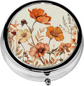 Pill Box, 3 Compartments Small Pill Case Travel Portable Metal Medicine Box with Mirror Mini Container for Purse Pocket Women Men(Red Poppy Flower)