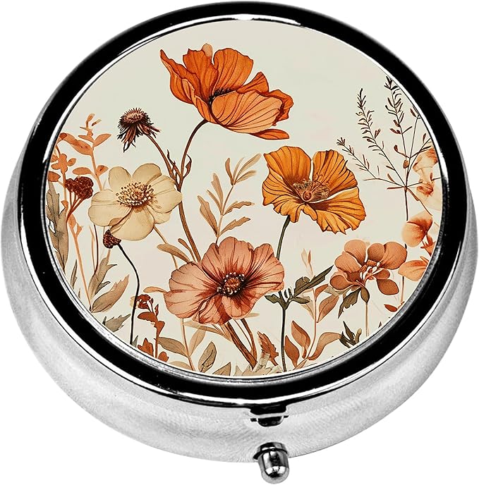 Pill Box, 3 Compartments Small Pill Case Travel Portable Metal Medicine Box with Mirror Mini Container for Purse Pocket Women Men(Red Poppy Flower)