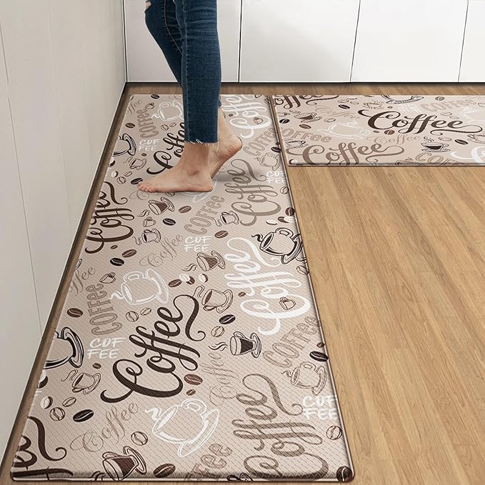 Arttown Coffee Cute Cafe Anti-Fatigue Kitchen Rug Set of 2 Cup Brown Farmhouse Vintage Cushioned Floor Standing Mat Waterproof Non-Slip Kitchen Mat and PVC Ergonomic Comfort Foam Rug
