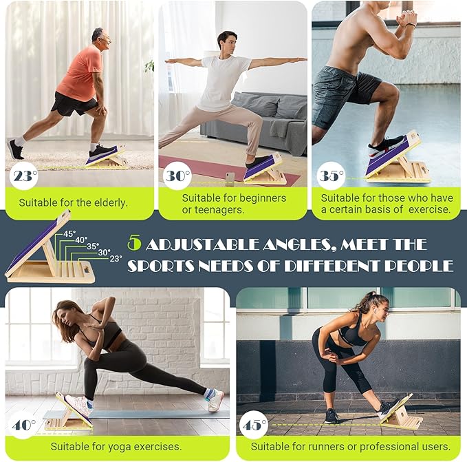 Slant Board for Calf Stretching, Adjustable Portable Wooden Incline Board for Calf Stretcher with Training Poster, 300 Lbs Weight Capacity Calf Stretch Wedge for Leg, Knees, Heel, Ankle & Stretching