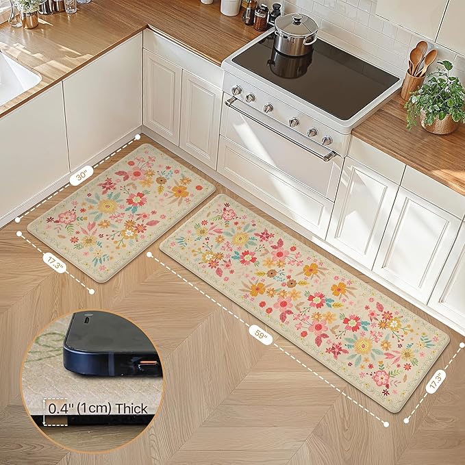 GENIMO Kitchen Mats for Floor 2PCS, Cushioned Kitchen Rugs Non Slip Washable, Farmhouse Anti Fatigue Mat Waterproof, Comfort Standing Mat Rug for Office, Home, Laundry, 17.3"x59"+17.3"x30", Beige