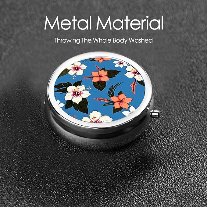Blue Hibiscus Printed Pill Organizer,Round Travel Pill Organizer Mini Medicine Pill Box for Purse Iron Plating