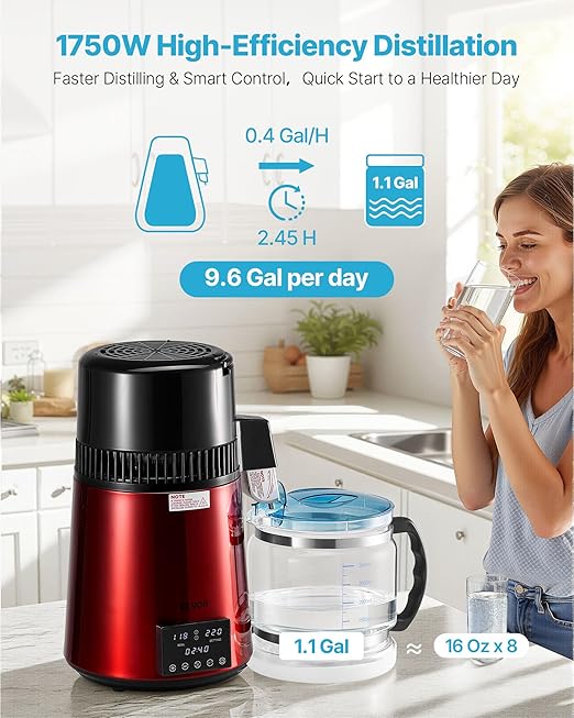VEVOR 1750W Water Distiller, 0.4Gal/H Distilled Water Maker with Glass Carafe, 4L/1.1Gal Countertop Distiller Machine, 0-99H Time Temp Dual Display, Anti-dry Design 304 Stainless Steel Still, Wine Red