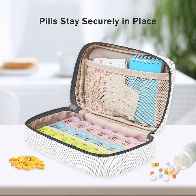 Weekly Travel Pill Organizer Pill Case for Purse with Removable 7 Day Pill Box Holder,Cute Medication Organizer Pill Container for Medicine, Vitamin, Fish Oils,Supplement (Dark Grey, Small)