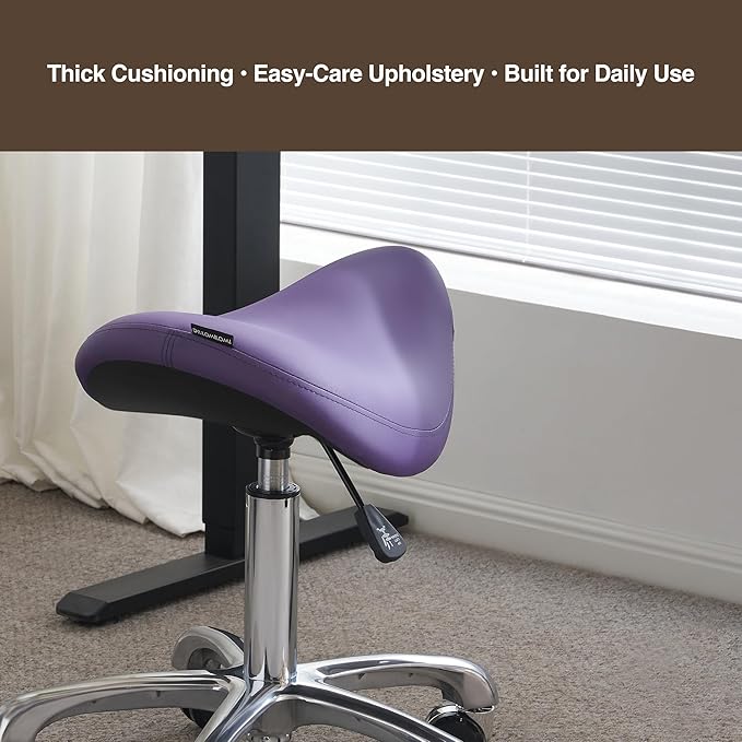 Haku 506 Series Ergonomic Saddle Stool, Adjustable Pneumatic Swivel Rolling Stool with Wheels for Salon, Medical, Spa, Tattoo, Home and Office, English Violet