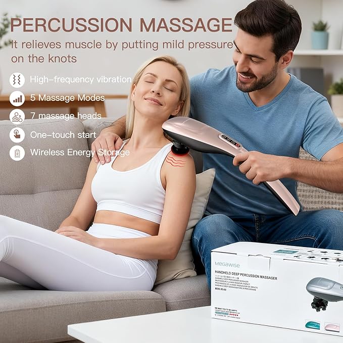 MEGAWISE Cordless Handheld Back Massager w/Rechargeable 3200mAh Battery, 5 Speed and 5 +2 Massage Nodes with Hard, Medium and 2 Soft Silicone Nodes; Massage While Moving Around (Rose Gold)