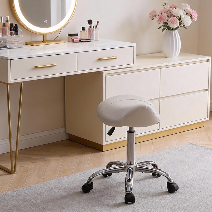Saddle Stool, Swivel Saddle Stool with Wheels, Adjustable Rolling Stool 18"-26", Faux Leather Rolling Stool for Salon, Massage, Clinic, Lab, Office (White, 1PCS (18"-26"))