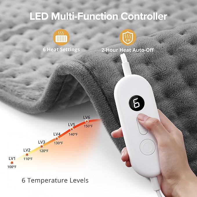 Heating Pad for Back Pain Relief, 17" X 33" XXX-Large Heating Pads for Cramps,Electric Heating Pad XL with 6 Fast Heating Settings,Moist Dry Heat Options,Auto-Off,Machine Washable, Light Gray