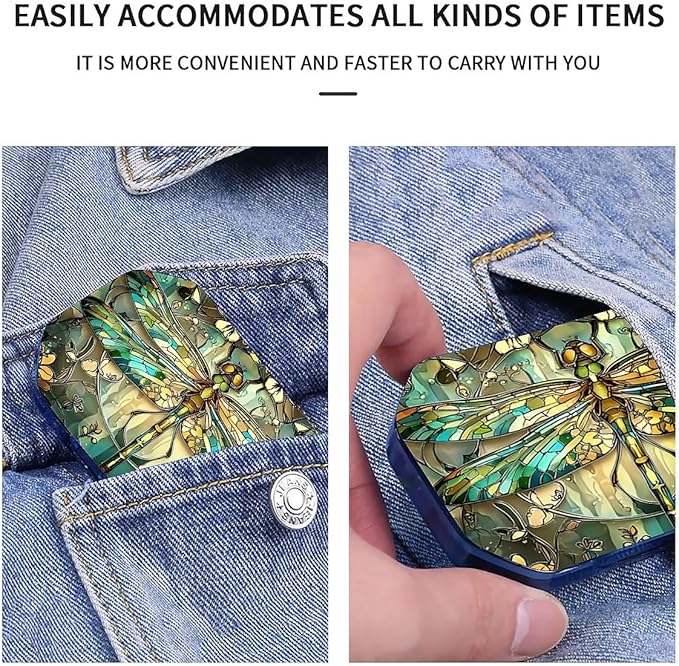 This Portable Vintage Stained Glass Dragonfly Pattern 6-Compartment Pillbox Can Be Placed in A Pocket Or Wallet to Store Vitamins, Medicines Fish Oil Health Supplements Other Medications.