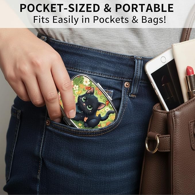 Square Pill Case Small Pill Box with Mirror Pocket 2 Compartment Vitamin Pill Medicine Case Organizer Pill Containers for Traveling Garden Cute Black Cat