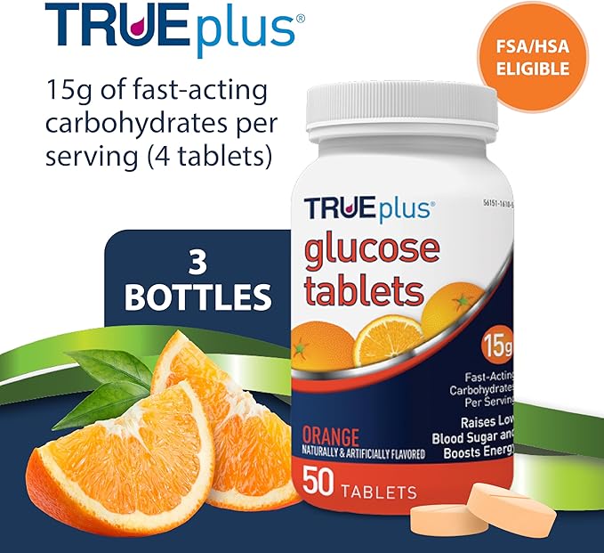 TRUEplus Glucose Tablets, Chewable, Orange Flavor, 15g Fast-Acting Carbohydrates, Fat Free, Gluten Free, Raise Low Blood Sugar and Boost Energy, 50 Count, 3 Bottles
