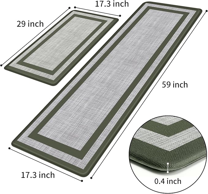 Mattitude Kitchen Mats Set of 2 Cushioned Rugs Anti-Fatigue Mats for Kitchen Floor,Waterproof Non-Slip Mats and Rugs Set for Office,Floor,Laundry 17.3"×29"+17.3"×59",Green