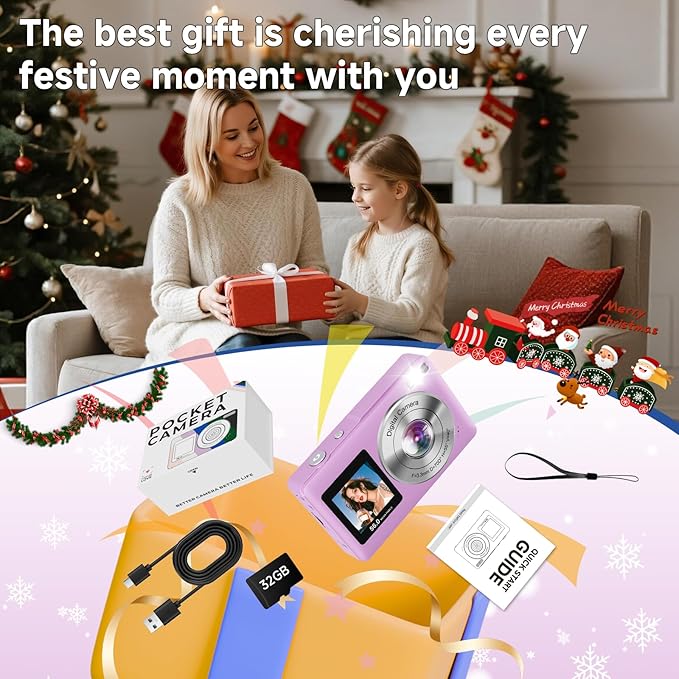 Digital Camera, 56MP 2.7K Dual-Screen Selfie Camera with 16X Zoom, 20 Filters & Anti-Shake, Portable Point and Shoot Digital Cameras with 32GB Card, Compact Travel Cameras for Beginners Teens Kids