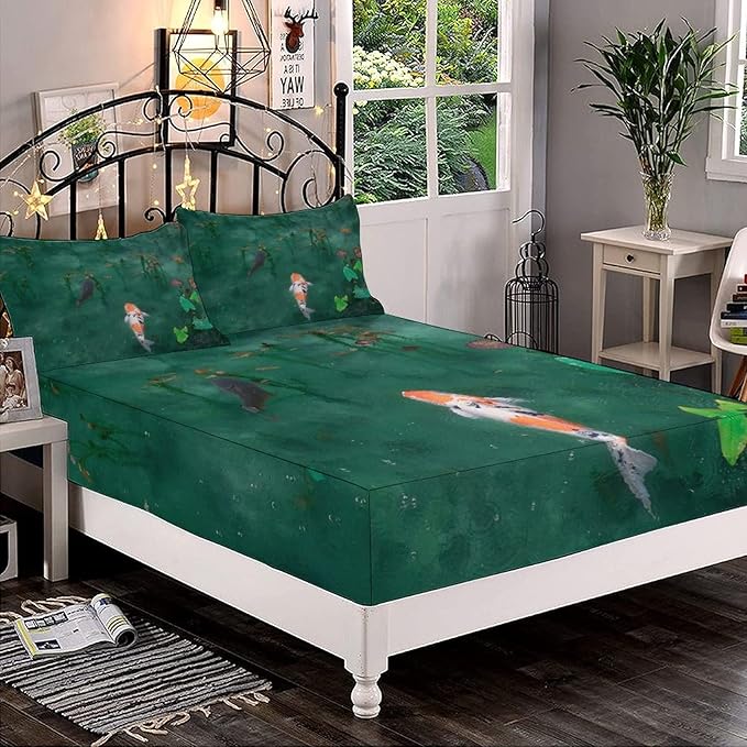 Decorative Fitted Sheet Set King Size, Koi Fish Deep Pockets Fitted Sheet & 2 Pillow Sham Set(No Flat Sheet), Rainy Day Breathing Koi Printed Microfiber Bedding 3pc Set, for Kids & Adults Bedding