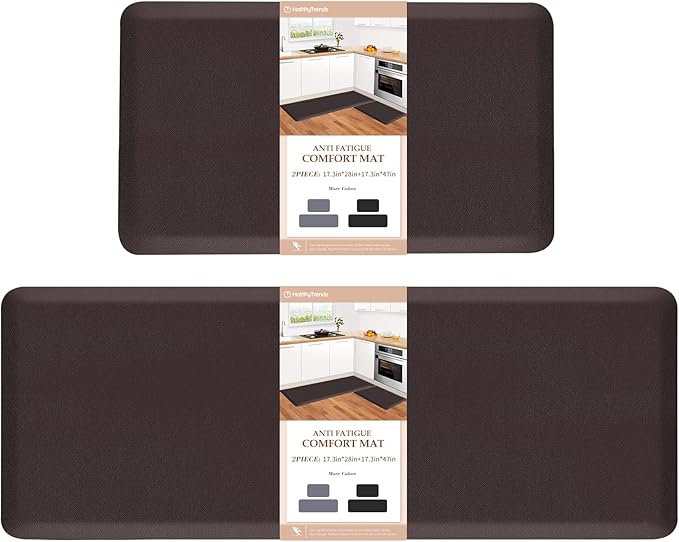 HappyTrends 2 PCS Kitchen Mat Cushioned Anti-Fatigue Floor Mat, Heavy Duty Ergonomic Comfort Foam Standing Mat, Waterproof Non-Slip Kitchen Rugs for Home, Office(17.3"x28"+17.3"x47",Chocolate)