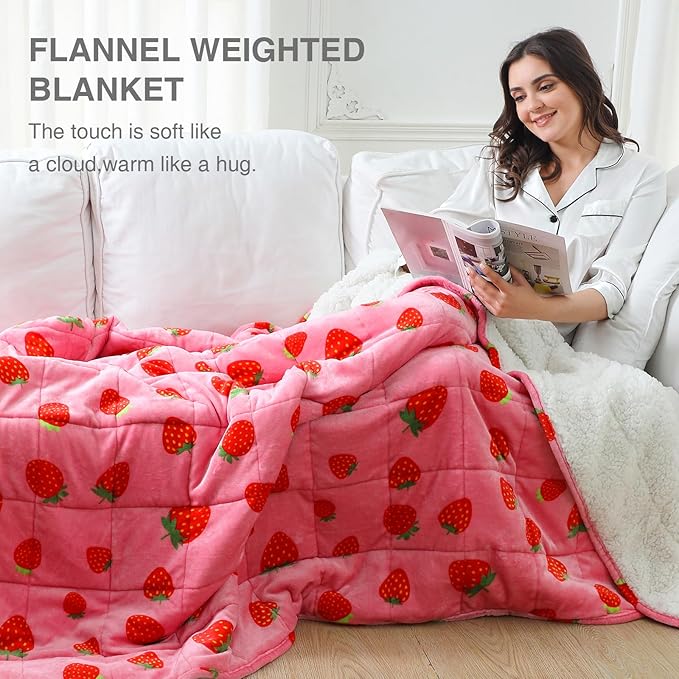 Aemicion Weighted Blanket Queen Size 20 Lbs 60x80 Inches,Ultra Soft Comfortable Fluffy Sherpa Weighted Blankets for Adults,Cute Pink Strawberry Heavy Blanket as Gift for Women,Machine Washable