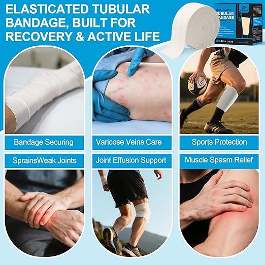 Latex-Free Elasticated Tubular Support Bandage with Stockinette Fabric, Breathable Tubular Compression Sleeve for Joint & Tissue Support on Arms, Knees, Legs (4" x 11 Yards) Size F