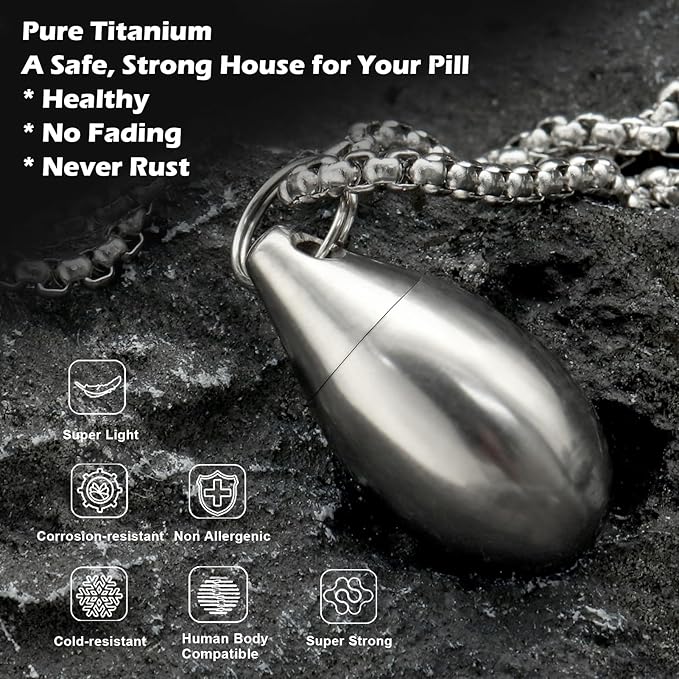 Pill Holder Necklace Nitro Pill Case Titanium Pill Container Necklace for Men Women Christmas Gifts Stocking Stuffers Waterproof Pill Holder Emergency Aspirin Small Pill Box W/Chain Tiny Fob