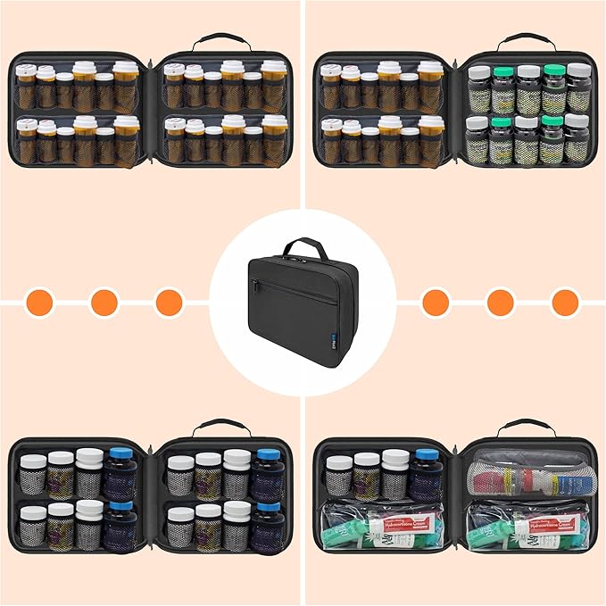 Large Customizable Padded Modular Pill Bottle Organizer, Medicine Bag, Case, Carrier for Medications, Vitamins, and Medical Supplies - for Home Storage and Travel - Black (Optional TSA Lock)