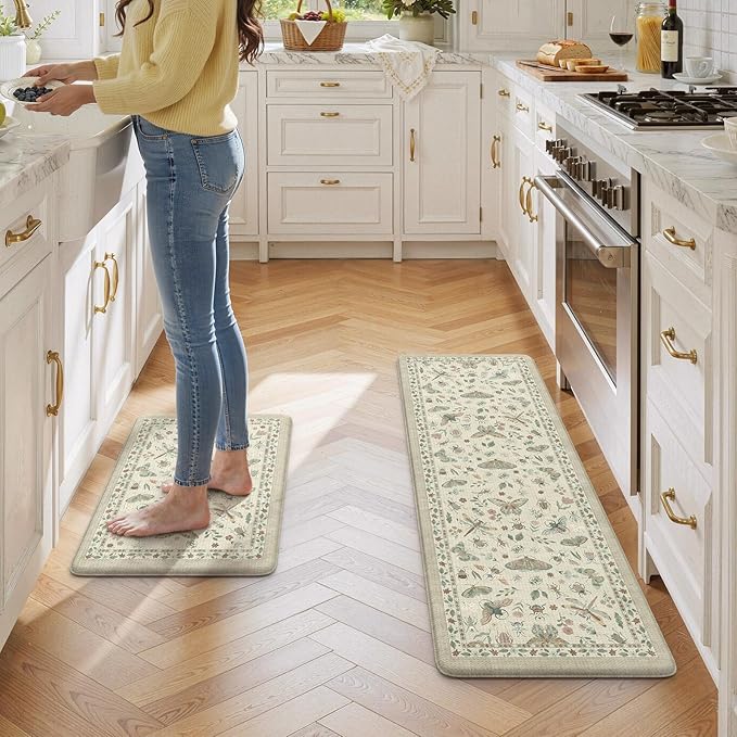LEEVAN Anti Fatigue Mats for Kitchen Floor Non-Slip, Cushioned Kitchen Mats for Floor 17.3''x29''+17.3''x59'', Tan Memory Foam Kitchen Mat Set
