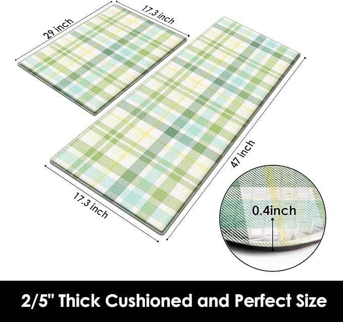 Arttown Green Anti-Fatigue Kitchen Rug Set of 2 Beige Plaid Cushioned Floor Standing Mat Waterproof Non-Slip Mat and PVC Ergonomic Comfort Foam Rug