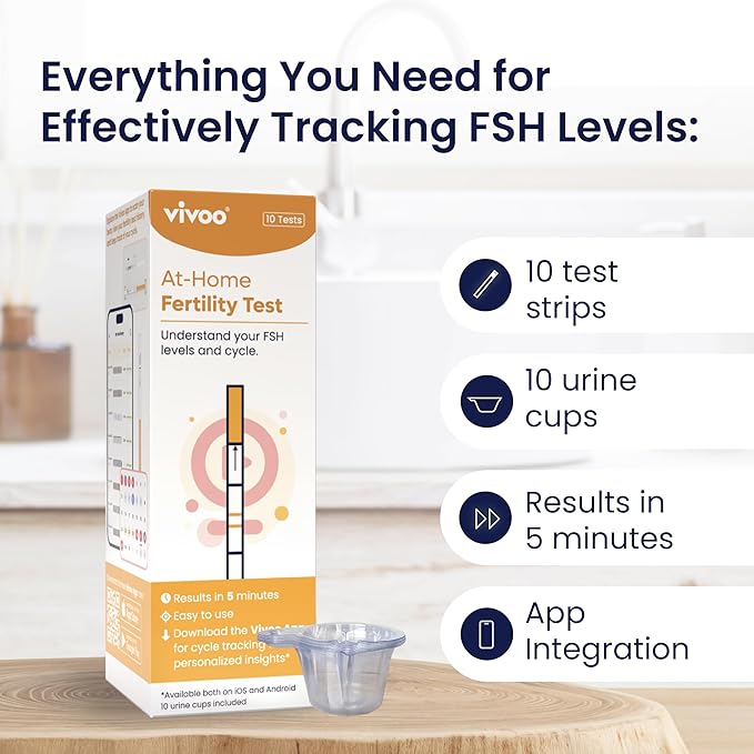 Vivoo Fertility Test – At-Home FSH Test to Monitor Ovarian Reserve, Scan & Track with Free Vivoo App, 10 Individually Wrapped FSH Tests + 10 Urine Collectors