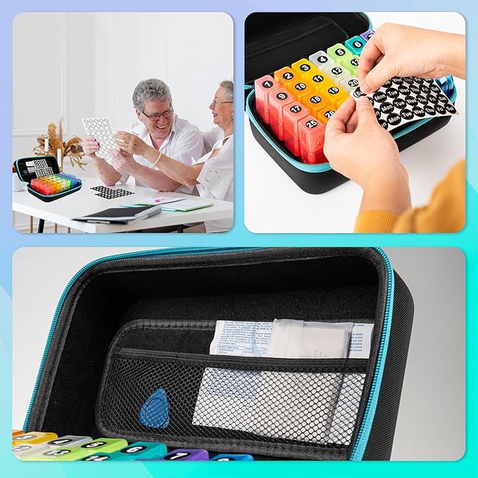 Monthly Pill Organizer, Medicine Organizer Box with Portable Hard Shell and Pill Cutter, 31 Day Pill Holder with Weekly Pill Bag (Blue, 3 Times a Day)