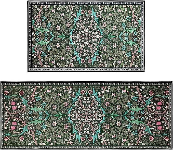Vintage Floral Kitchen Mat Set of 2, Dark Green Floral Kitchen Rugs and Mats Non Slip Washable, Home Decor Low-Profile Kitchen Rugs for Floor (17”x30“+17''x47'')