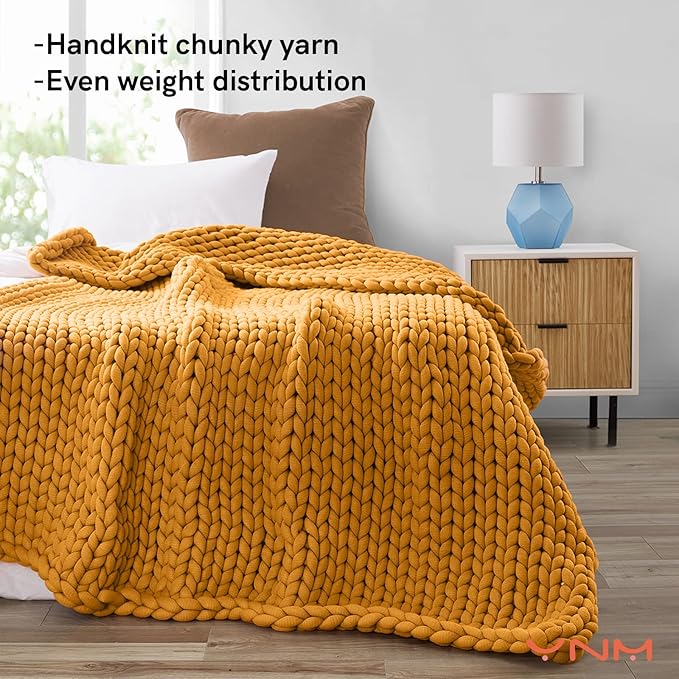 YnM Knitted Weighted Blanket, Handmade Chunky Knitted Design, Soft and Cozy, Temperature Regulating and Breathable, Machine Washable Throw for Sleep or Home Decor (Yellow Fusion, 60x80 Inch, 15lbs)