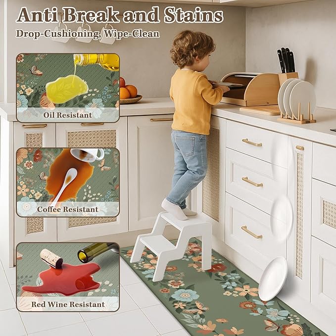 Arttown Kitchen Mats for Floor 2Pcs-Anti Fatigue Non Slip Mats for Kitchen Floor, Cushioned Waterproof & Stain-Resistant Green Plants Floral Mat Set, Laundry Room, Office, Sink, Desk (Dark Green)