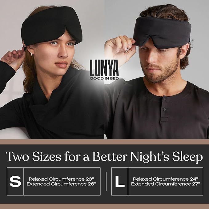 Lunya Washable Silk Sleeping Mask - Thermoregulating Mulberry Silk, Light Blocking and Comfortable Fit – Sleep Mask for Women and Men with Box - Immersed Black - Small