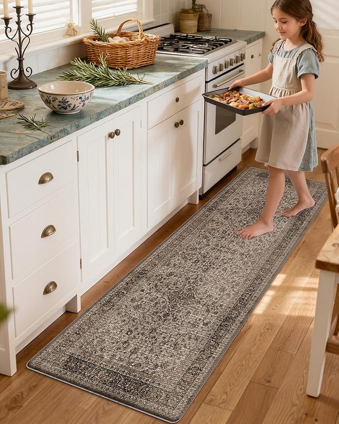 LUMI 2025 Upgraded Anti Fatigue Cushioned Kitchen Mat for Floor, Non-Slip Comfort PVC Padded Mats with Faux Leather Surface for Desk Office, Sink, Laundry, 24"x87"