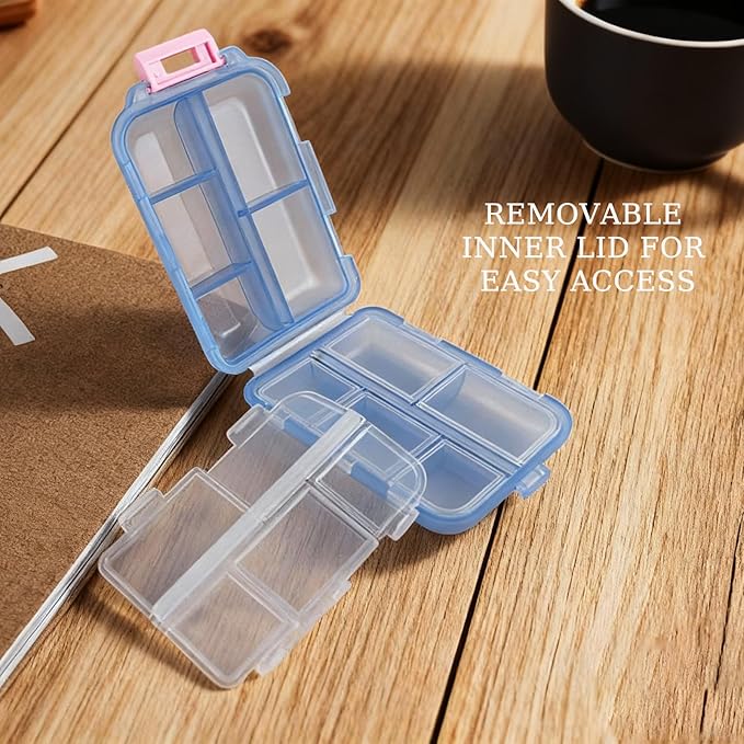 2Pack Travel Pill Organizer - 10 Compartments Pill Case with 64 Stickers, Pill Organizer 2 Times A Day, 10 Days Portable Compartments for Vitamins, Fish Oils, Supplements(Blue)