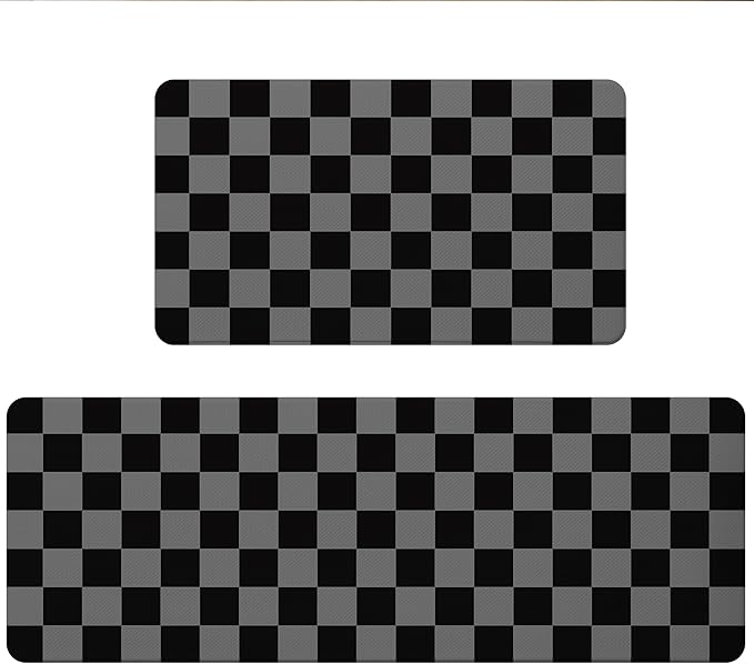 Black Grey Checkered Grid Checkerboard Kitchen Rug Sets [2 PCs], Anti-Fatigue, Waterproof Non-Slip Kitchen Mats Heavy Duty Comfort Foam Rug for Kitchen, Floor, Laundry,17"x29"+17"x47"