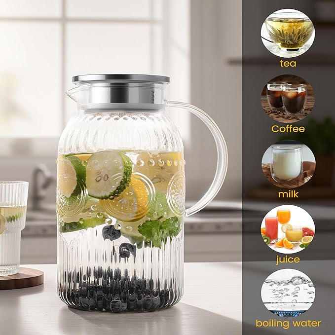 Bandesun Vintage Glass Pitcher with Lid, 128oz/ 1 Gallon Water Pitcher with Handle for Fridge Heat Resistant Borosilicate Water Jug, Carafe for Hot/Cold Coffee, Tea,Beverage 1Pack