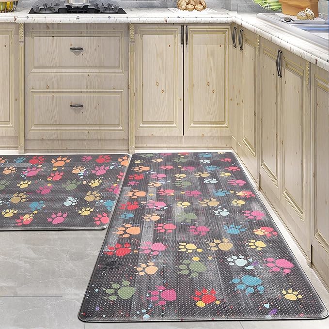 Kitchen Mat Cushioned Anti-Fatigue Floor Mat,Waterproof Non-Skid Kitchen Mats and Rugs Heavy Duty Comfort Standing Mat for Kitchen, Home, Office, Sink, Laundry, Colorful Paws (Grey)