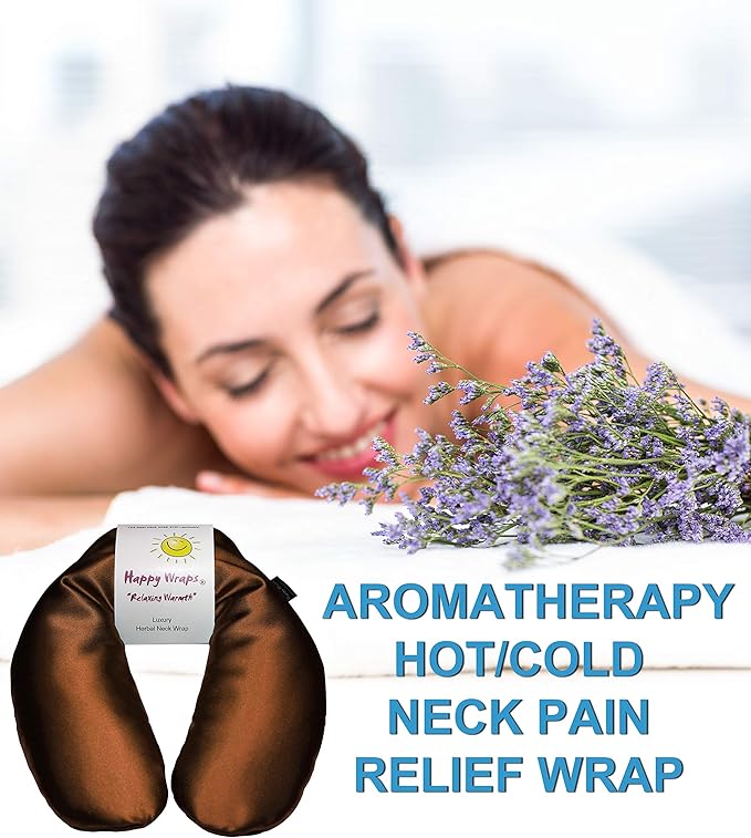 Microwavable Herbal Neck Wrap - Hot Cold Aromatherapy Neck Warming Pillow - Heating Pad for Migraines, Stress, Gifts for Women, Birthdays, Christmas and Free Sleep Mask - Copper Satin