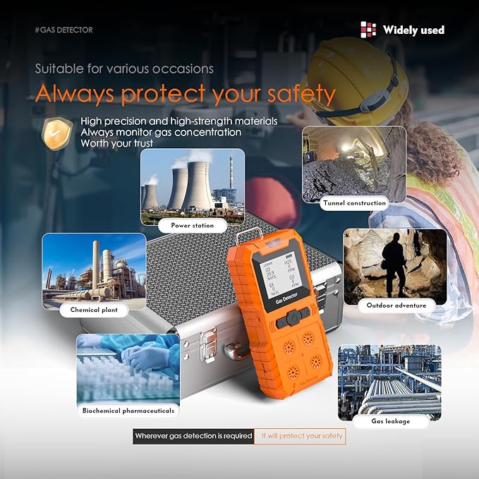 Portable 4 Gas Monitor Multi Gas Detector，Portable Gas Detector Rechargeable 4 Gas Monitor Ex H2s Co O2 with LCD Display Sound Light Shock confined Space air Monitor (Orange)
