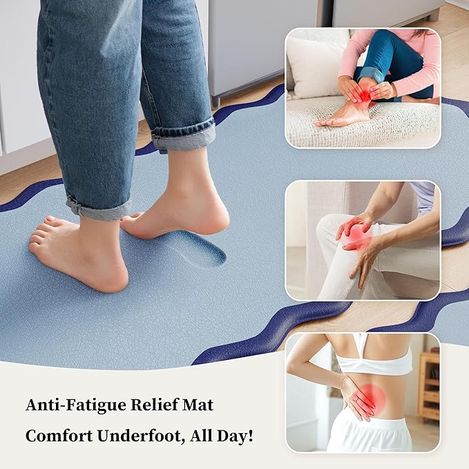 Scalloped Navy Blue Kitchen Mats Rugs Sets of 2 Cushioned Anti Fatigue Floor Mat Waterproof Kitchen Rugs Non Slip Foam Comfort Standing Mat for Sink Laundry