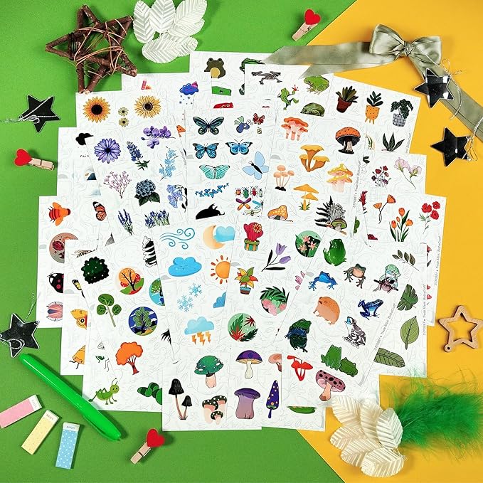 BulbaCraft Nature Stickers - Flowers, Mushrooms, Leaves, Plants, Insects & Bugs Stickers, Nature Party Decoration & Favors, Gifts for Women & Men