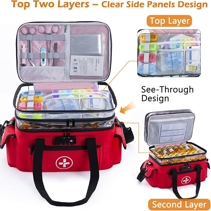 BAGSFY 3-Tier Medicine Organizer with Combination Lock – Large Medicine Bag, Empty First Aid Kit Case, Pill Bottle Medical Supply Organizer, Travel Prescription Bag, Medication Storage Container
