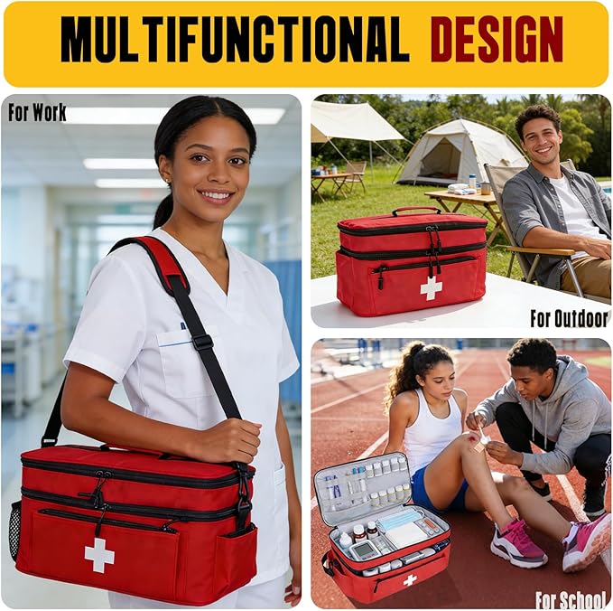 2-Layer First Aid Bag Empty 15¾”x 9½”x7” Medical Bag Red Pill Bottle Box Portable Emergency Bag for Outdoor Travel & Home Use, Medicine Kit Organizer Case with Shoulder Strap (Large)